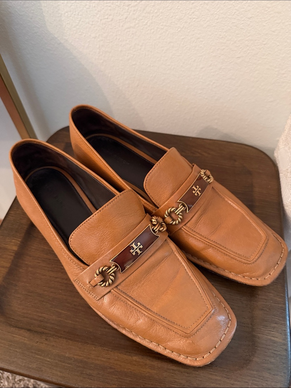 Needs Resoled Tory Burch Tan Leather Loafers with Gold-Tone Hardware
